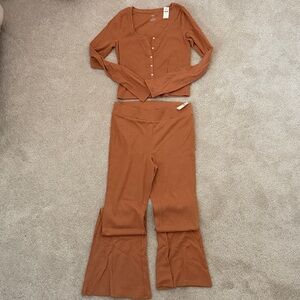 Aerie Rust Rib Pants & Long Sleeve Set